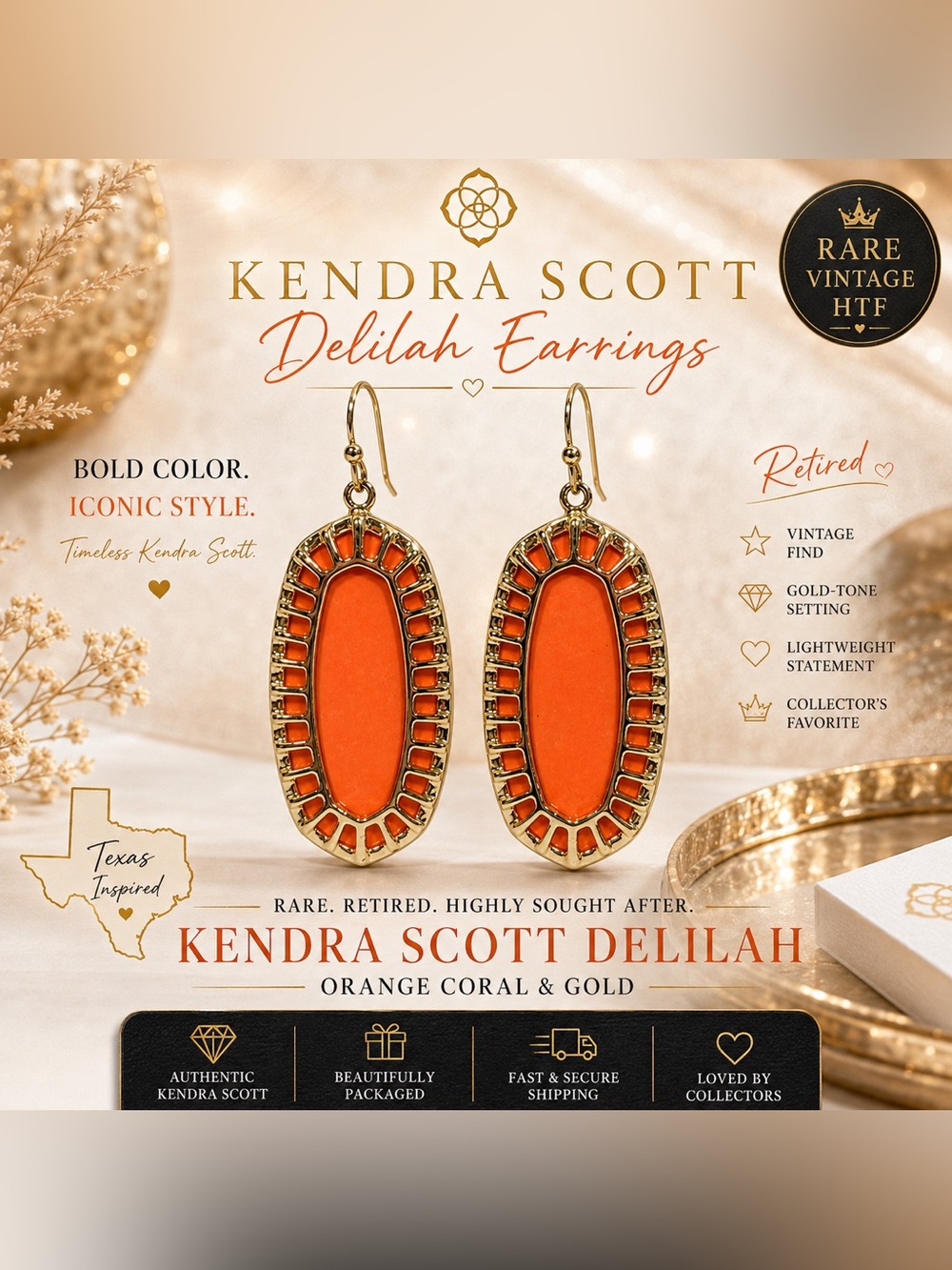 Rare Retired Kendra Scott Delilah Orange Coral Gold Statement Earrings HTF